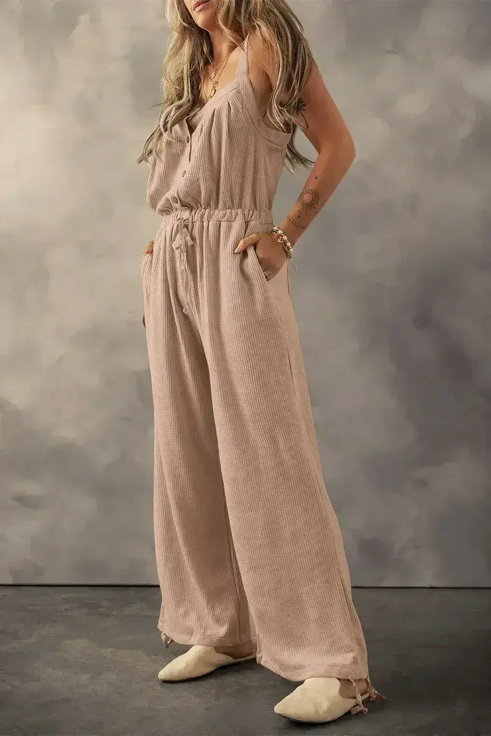 Moss Green Knotted Straps Button Textured Drawstring Jumpsuit - Femstylo