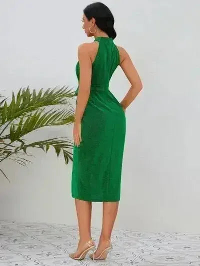 Slit Ruched Mock Neck Sleeveless Dress - Femstylo