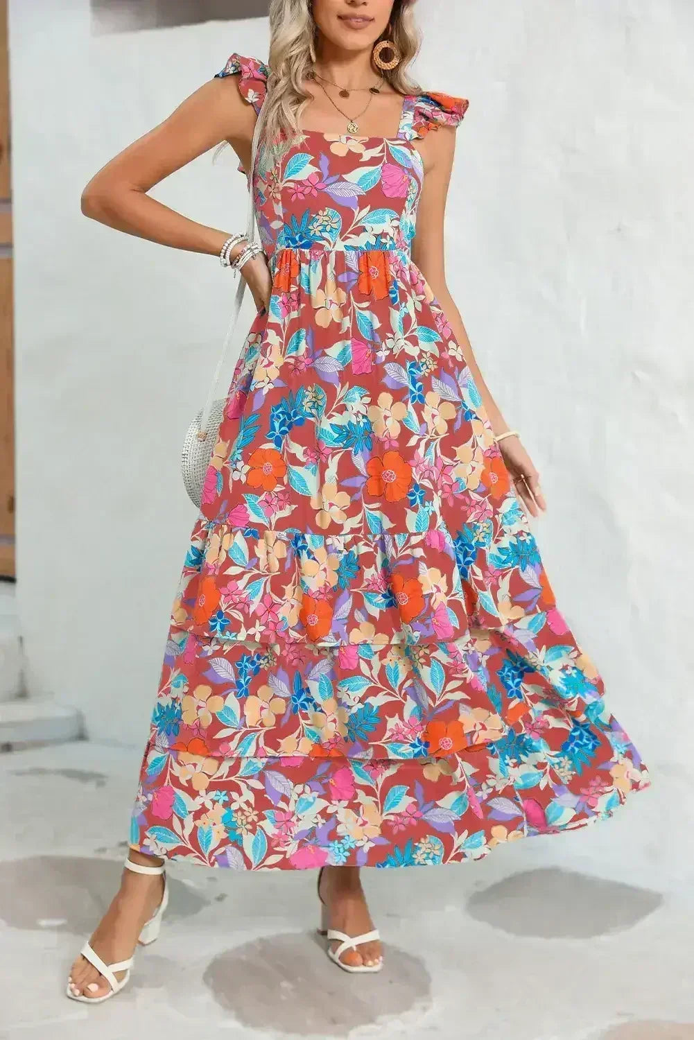 Green Boho Floral Print Ruffle Sleeveless Tiered Maxi Dress - Femstylo