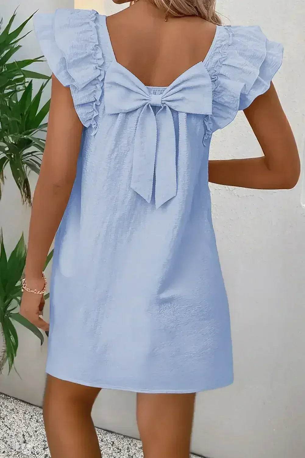 Light Pink Textured Flutter Sleeve Square Neck Bow Back Mini Dress - Femstylo