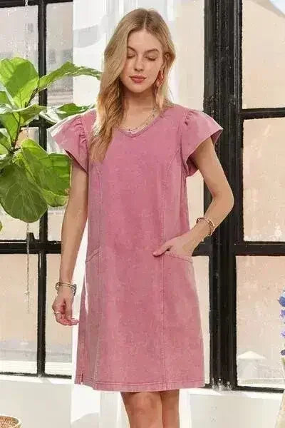 ADORA Mineral Washed V-Neck Ruffled Cap Sleeve Dress - Femstylo