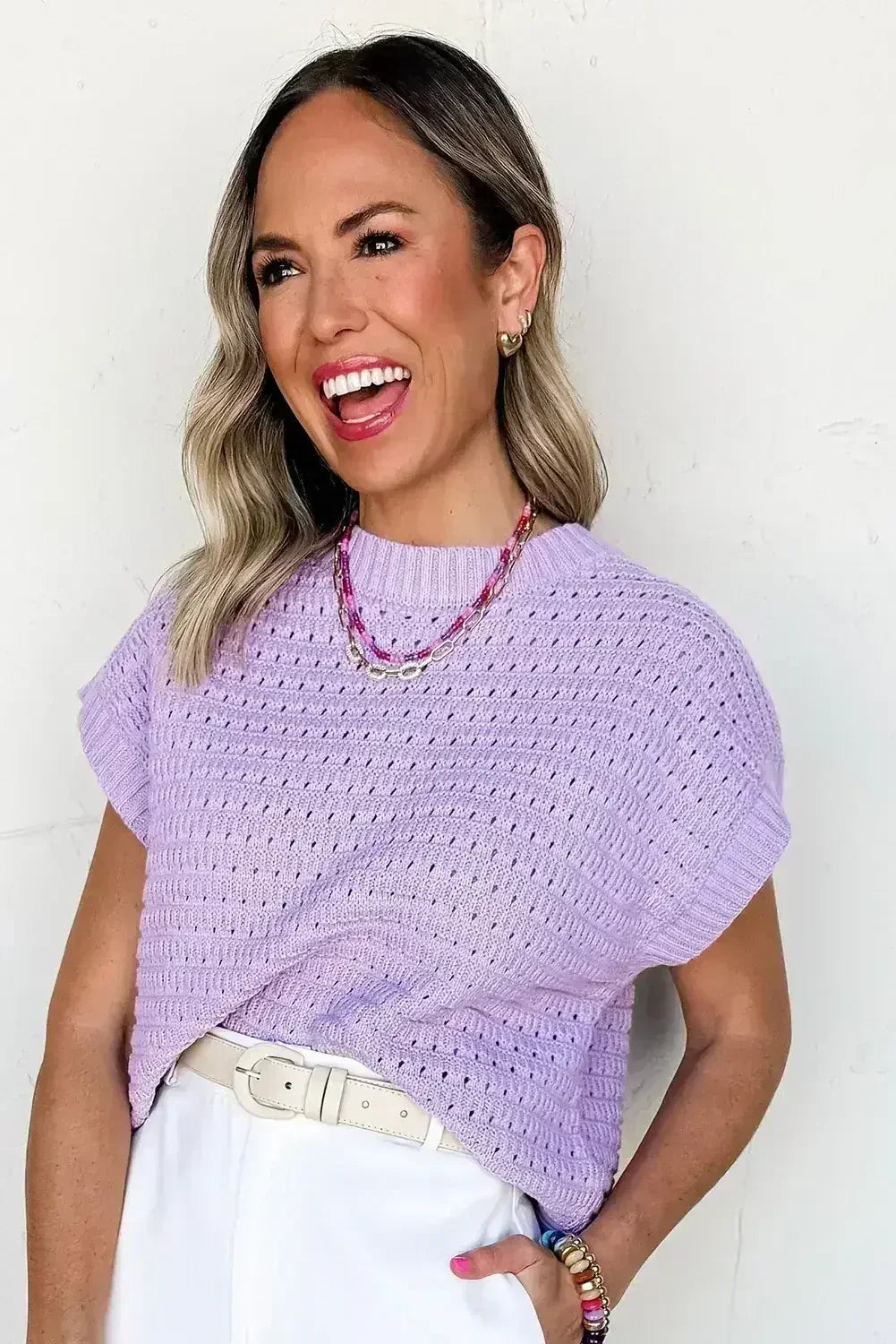 Lavendula Solid Color Ribbed Trim Pointelle Knit Top - Femstylo