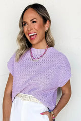 Lavendula Solid Color Ribbed Trim Pointelle Knit Top - Femstylo