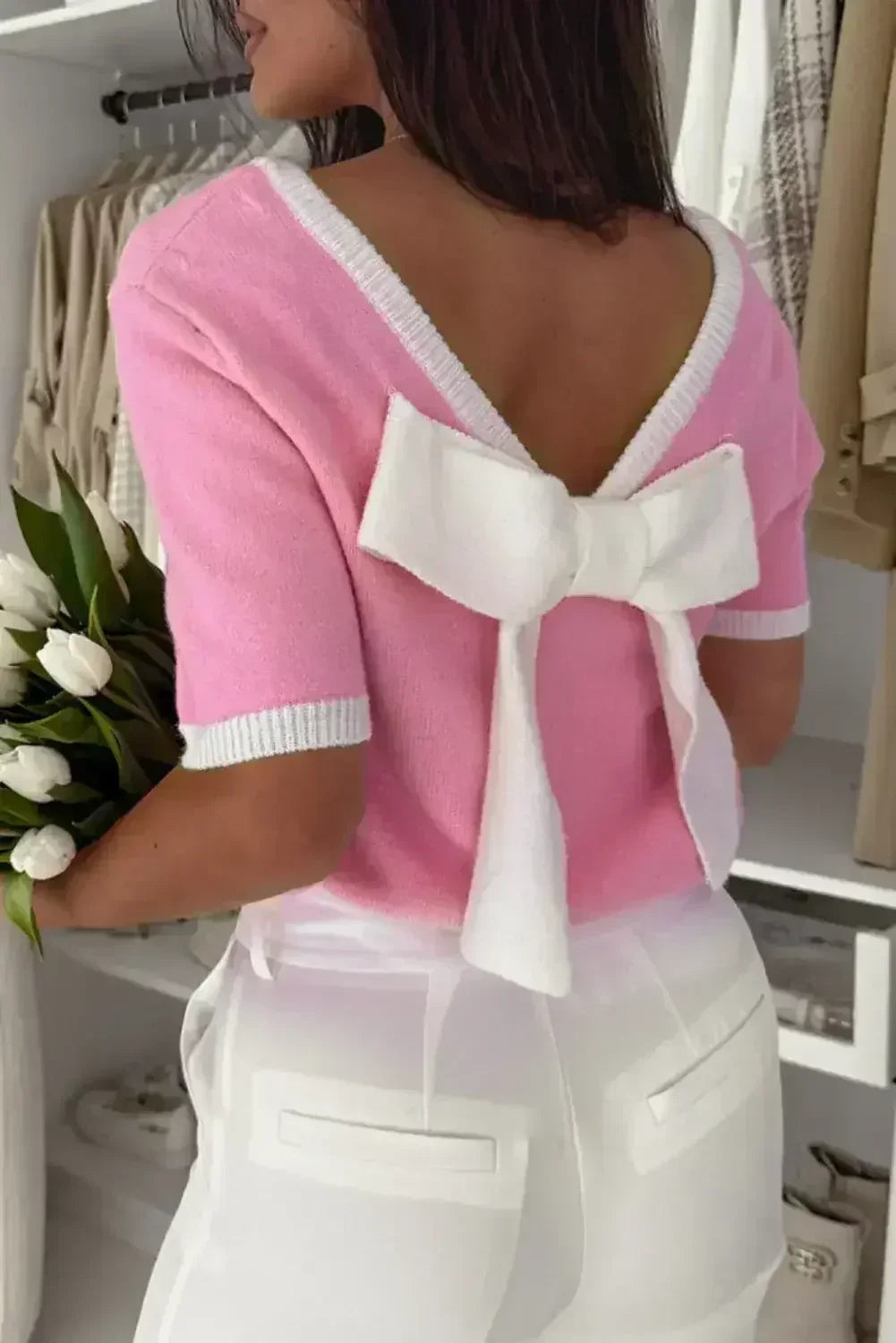 Bonbon Colorblock Big Bow Backless Knit Top - Femstylo