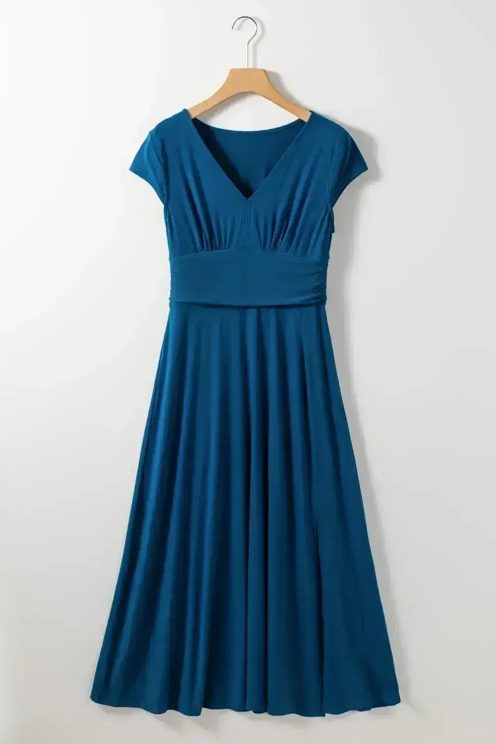 Black Deep V Neck Ruched High Waist Midi Dress - Femstylo
