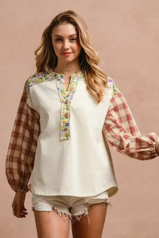 BiBi Floral Notched Plaid Balloon Sleeve Top - Femstylo