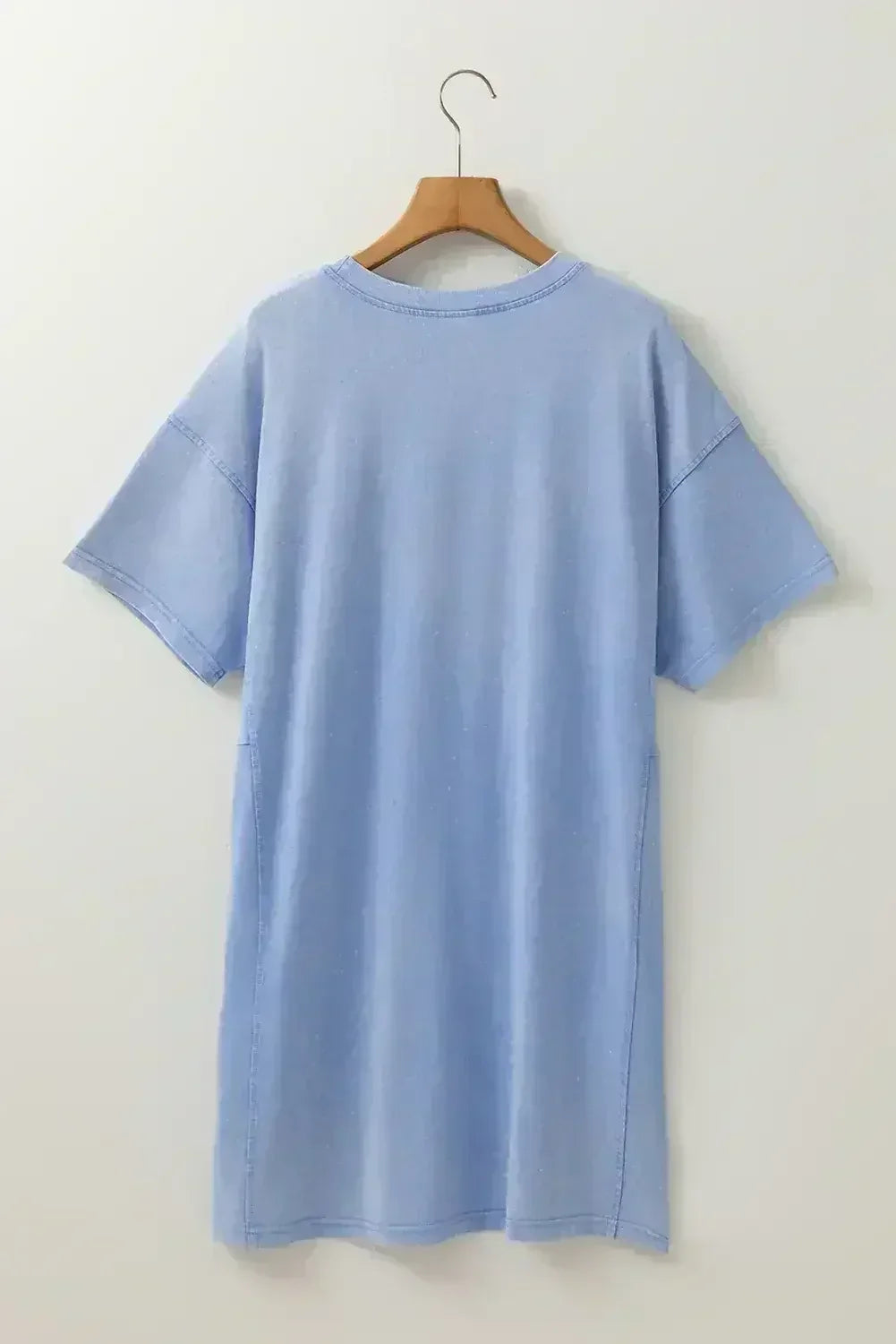 Sky Blue Mineral Wash Flower Patchwork Mini T Shirt Dress - Femstylo