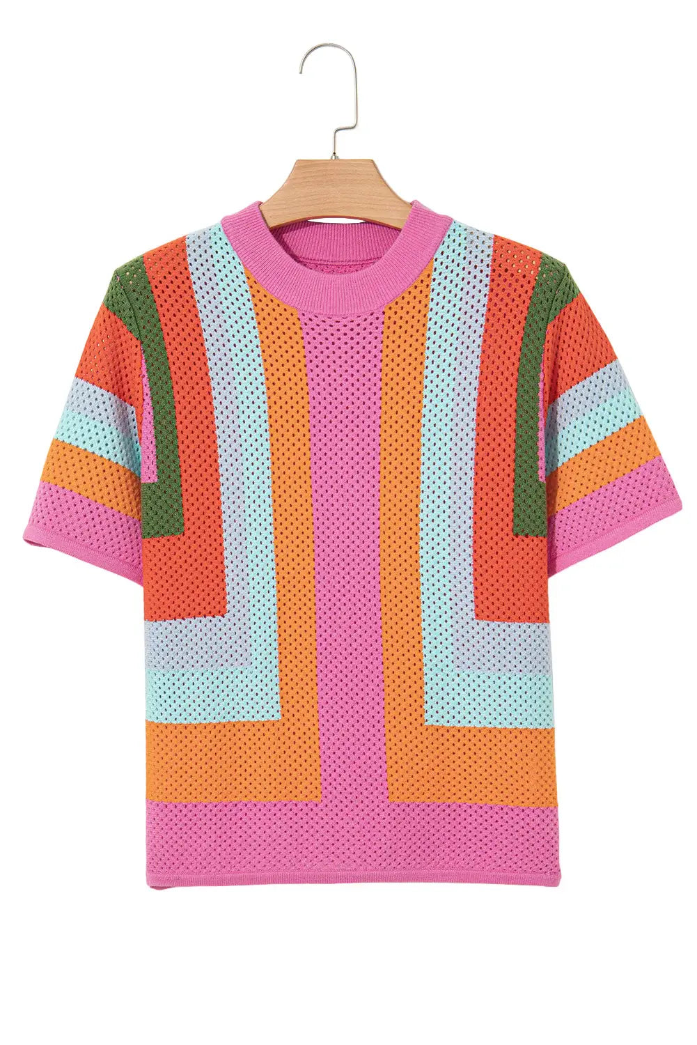 Orange Colorblock Eyelet Casual Knit T Shirt