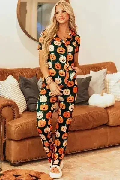 Pumpkin Printed Short Sleeve Top and Pants Lounge Set - Femstylo