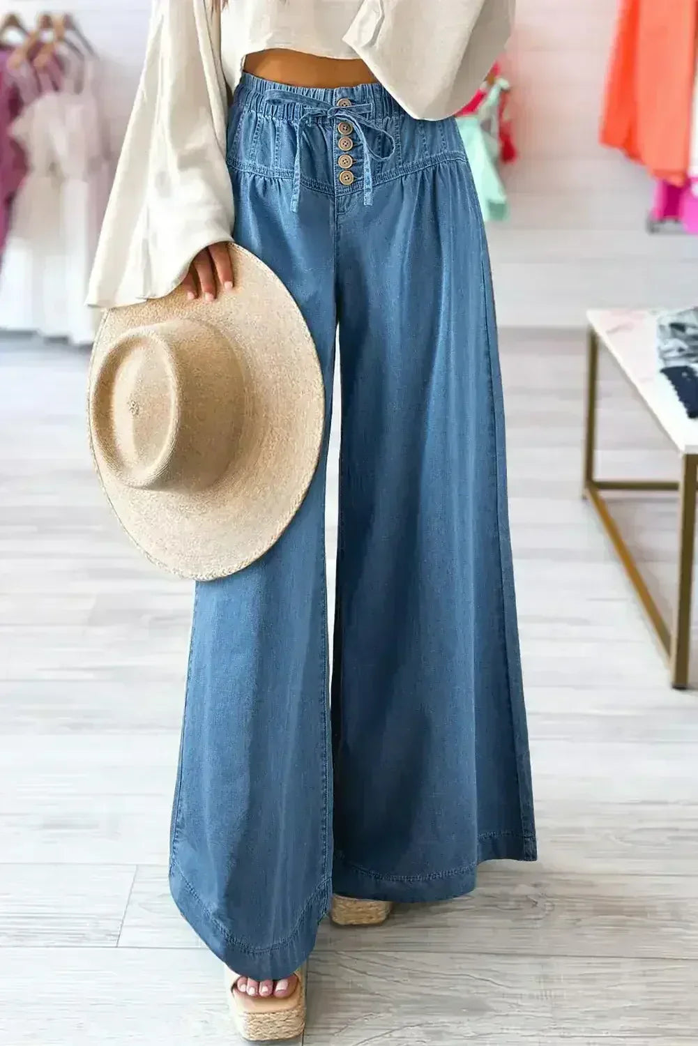 Carbon Grey Mineral Wash Button High Waist Wide Leg Jeans - Femstylo