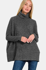 Zenana Full Size Brushed Melange Hacci Turtleneck Sweater - Femstylo