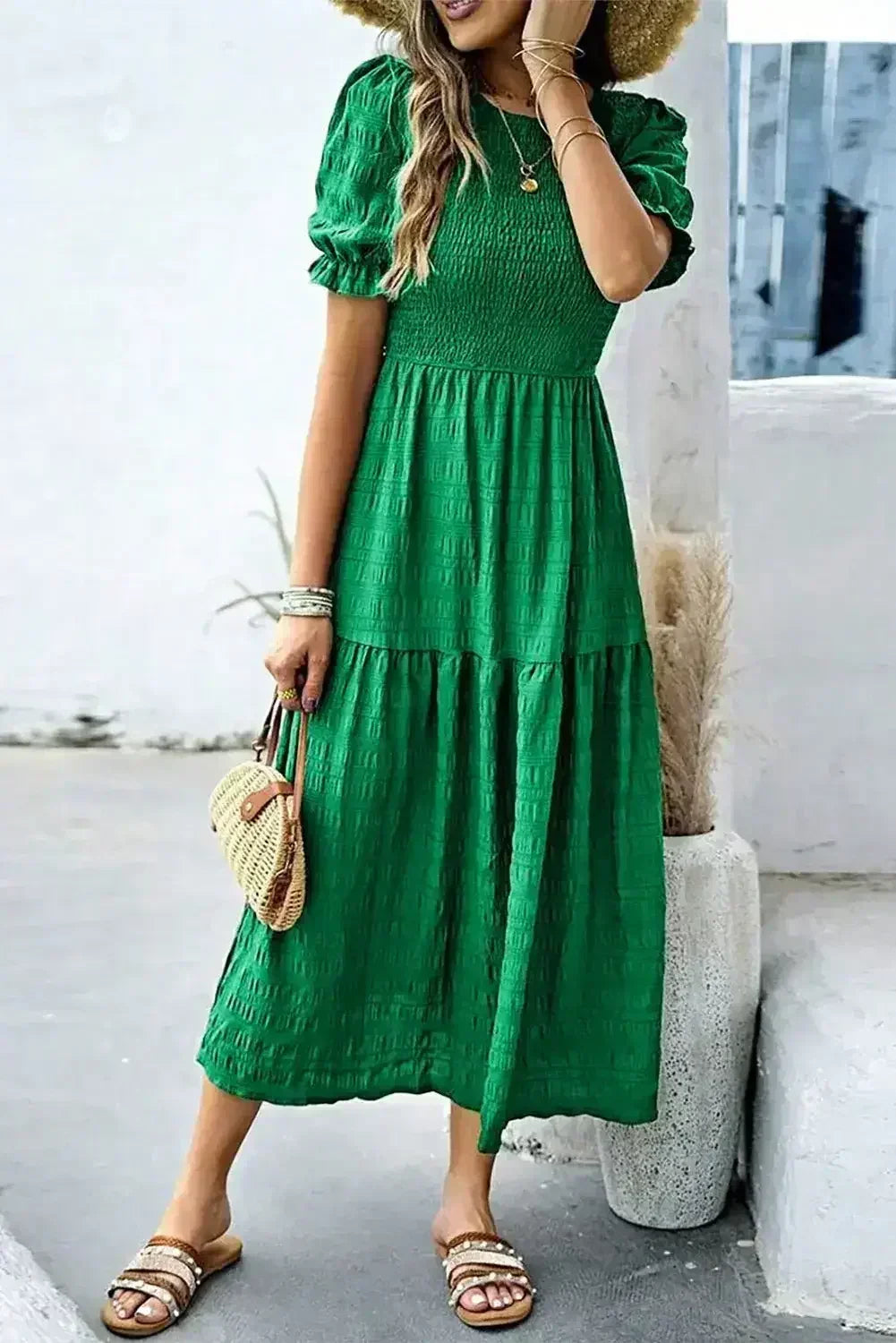 Sail Blue Solid Textured Smocked High Waist Midi Dress - Femstylo