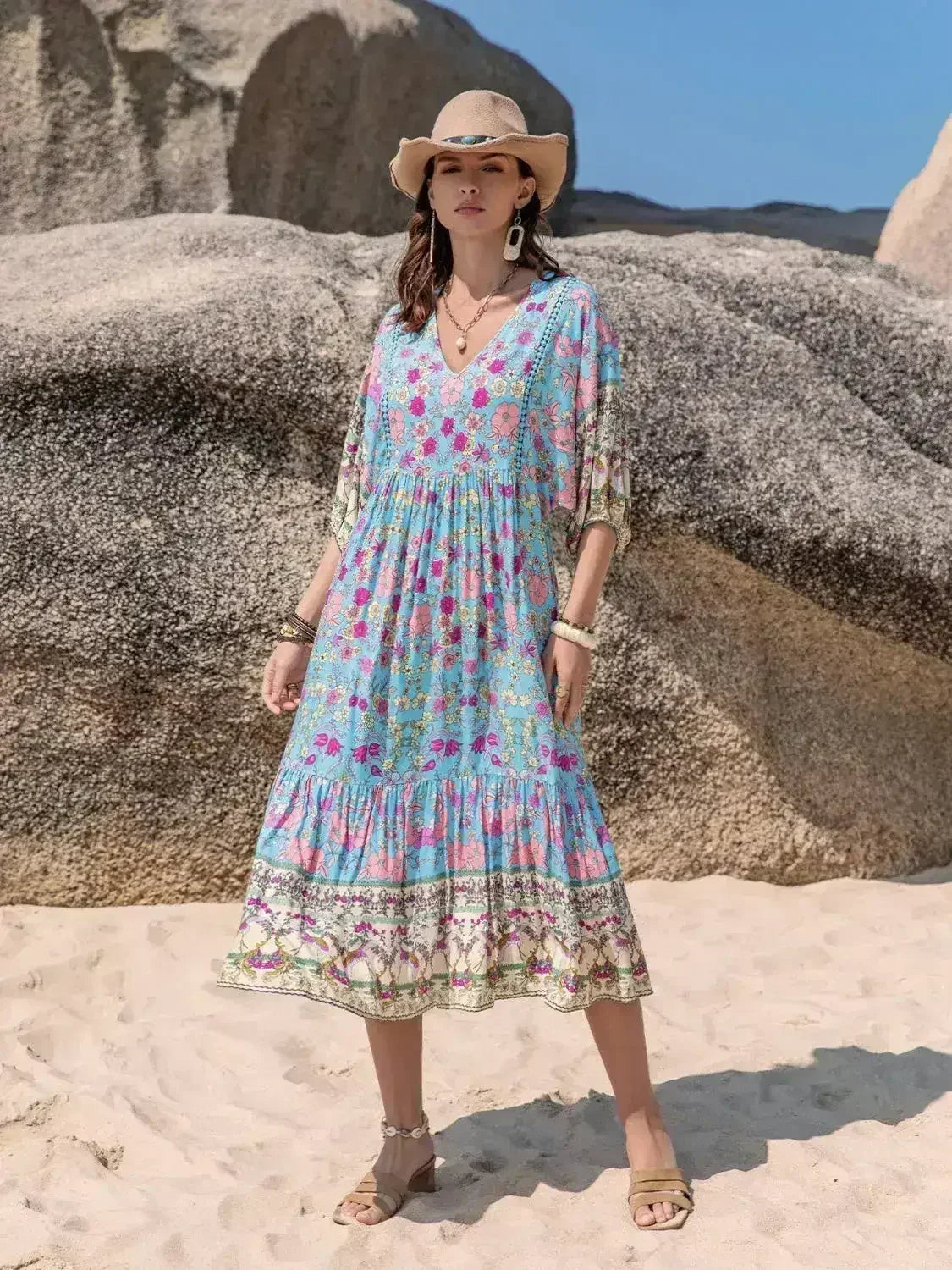 Printed Puff Sleeve Ruched Midi Dress - Femstylo