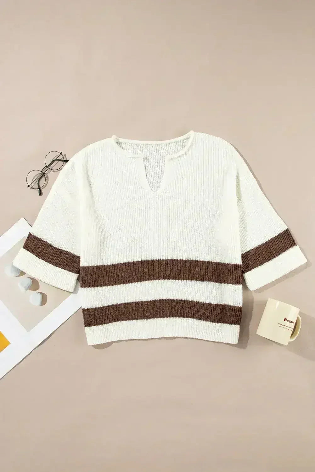 Brown Stripe Cropped Drop Sleeve Sweater - Femstylo