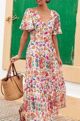 Red Floral Short Sleeve V Neck High Waist Maxi Dress - Femstylo