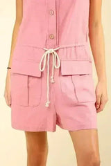 VERY J Half Button Drawstring Sleeveless Romper - Femstylo