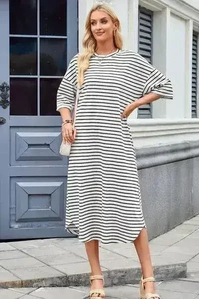 Lovelet Contrast Striped Half Sleeve Midi Tee Dress - Femstylo