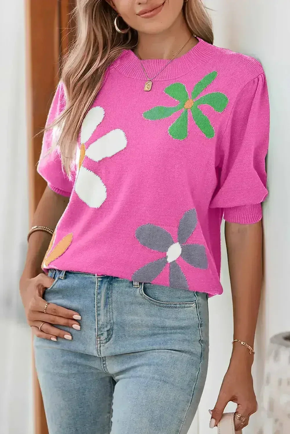 Bright Green 60s Floral Bubble Short Sleeve Knitted Top - Femstylo