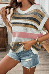 Pink Stripe Color Block Eyelet Knit Short Sleeve Sweater Tee - Femstylo
