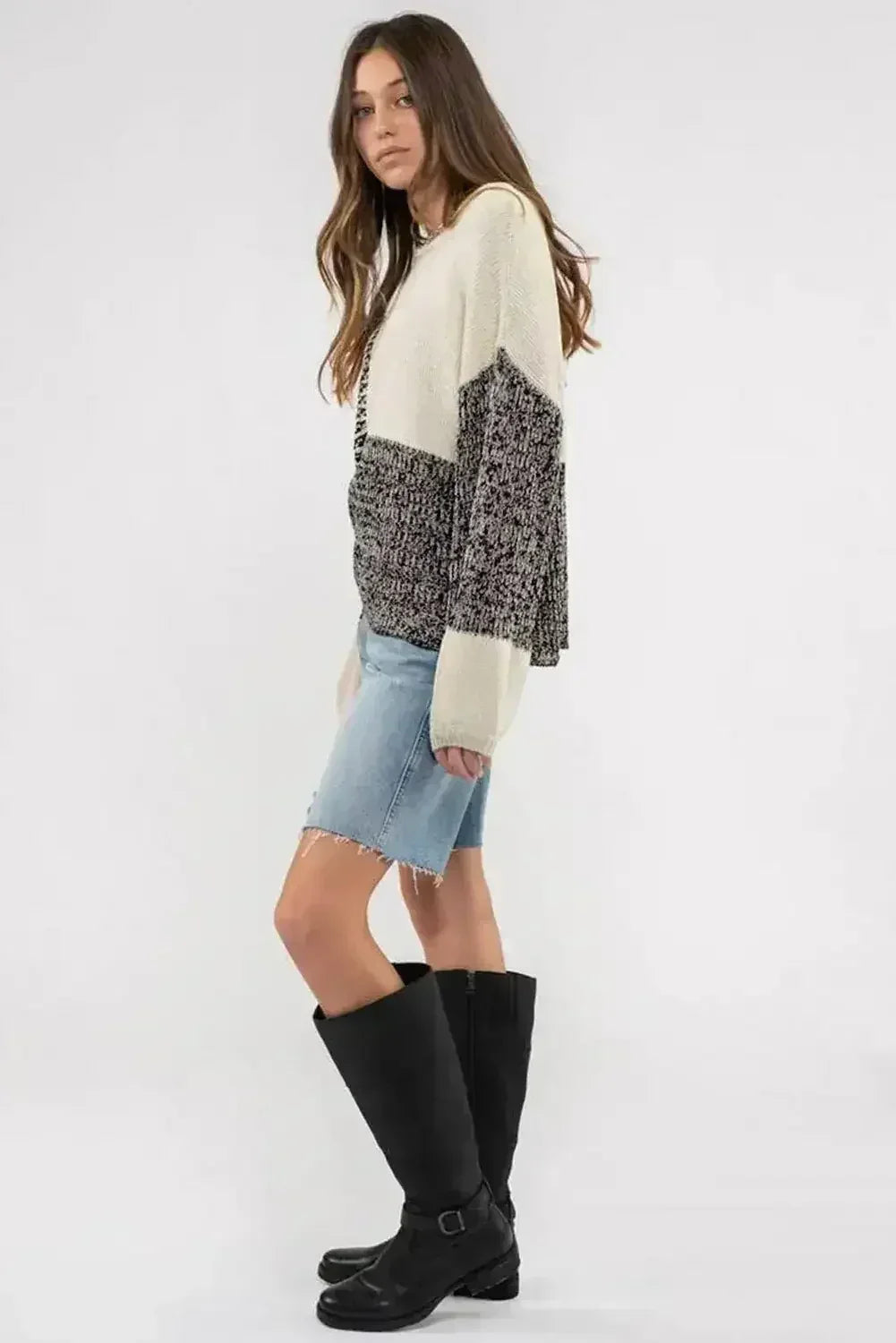 Pink Colorblock Tie Back Drop Shoulder Knit Sweater - Femstylo