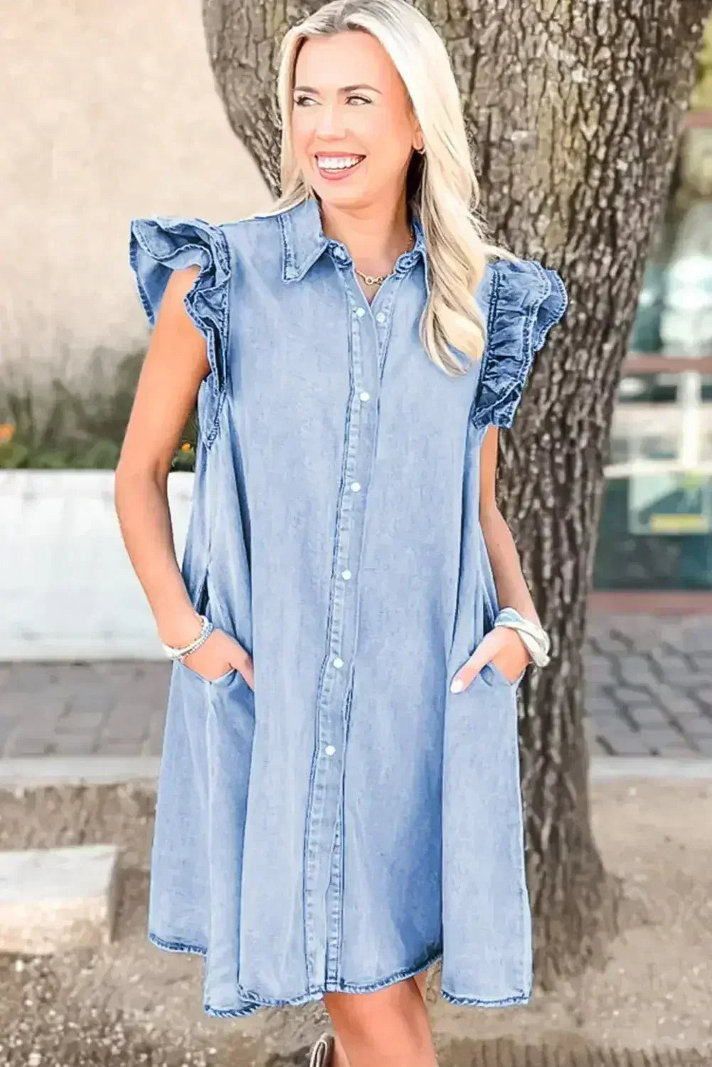 Beau Blue Ruffle Sleeve Button Down A-line Mini Denim Dress - Femstylo
