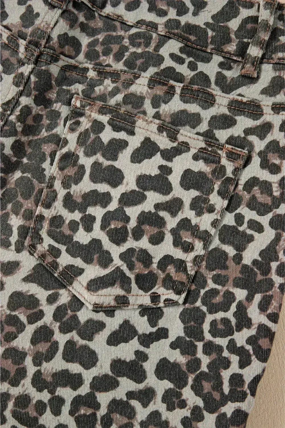 Khaki Allover Leopard Print Denim Mini Skirt - Femstylo