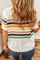 White Colorful Striped Pocket Loose Fit Knitted T Shirt