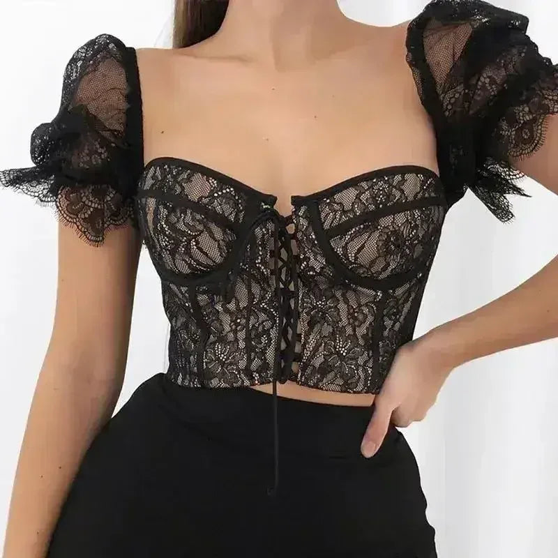 Black lace up mesh sexy crop top - Femstylo