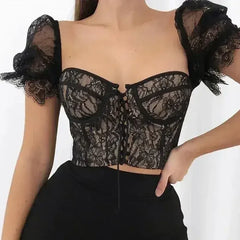 Black lace up mesh sexy crop top - Femstylo