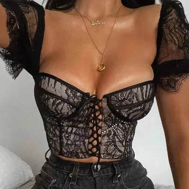 Black lace up mesh sexy crop top - Femstylo