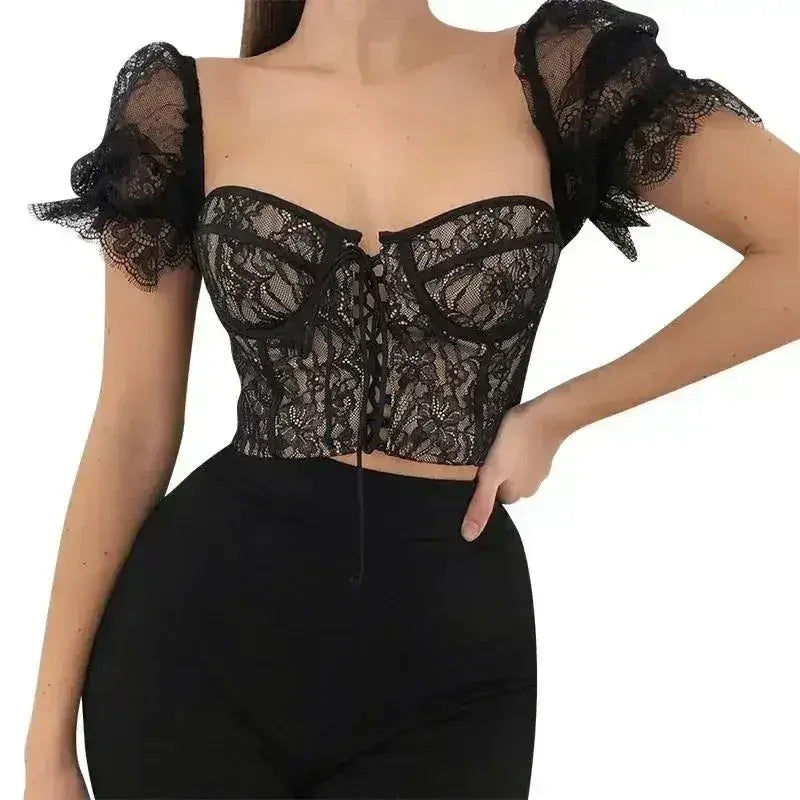 Black lace up mesh sexy crop top - Femstylo