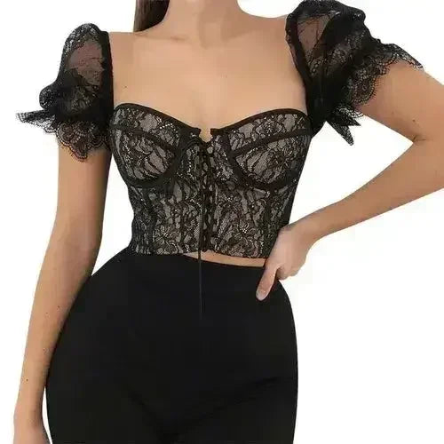 Black lace up mesh sexy crop top - Femstylo