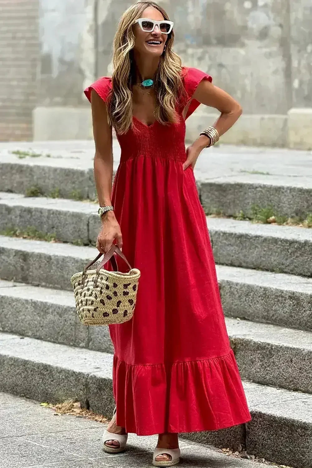 Black V Neck Flutter Sleeve Smocked Bodice High Waist Ruffle Maxi Dress - Femstylo