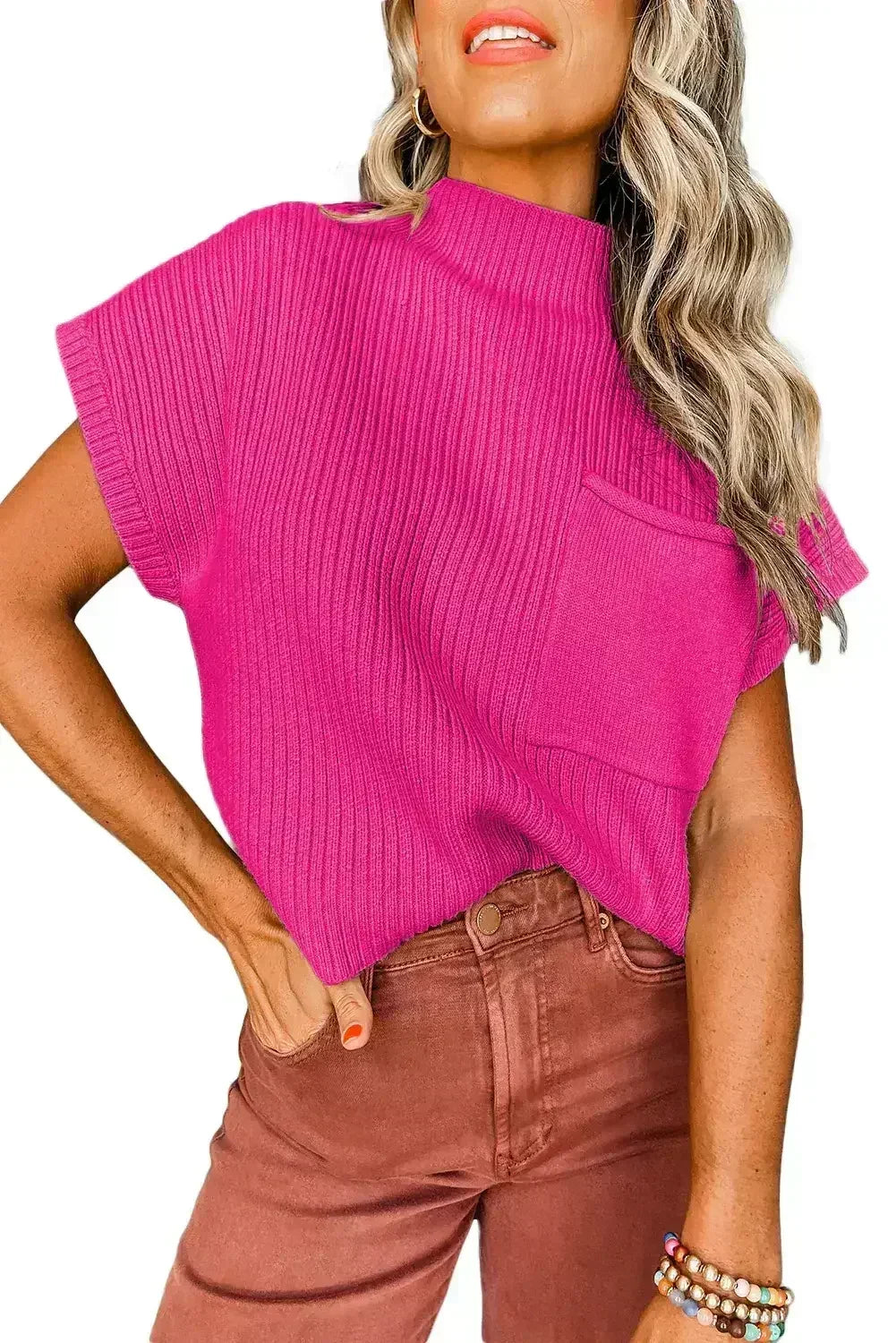 Mineral Red Patch Pocket Ribbed Knit Short Sleeve Sweater - Femstylo
