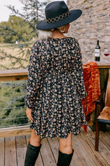 Black Floral Smocked V Neck Bubble Sleeve Babydoll Dress