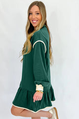 Evergreen Contrast Trim Zip Collar Long Sleeve Ruffle Hem Mini Dress