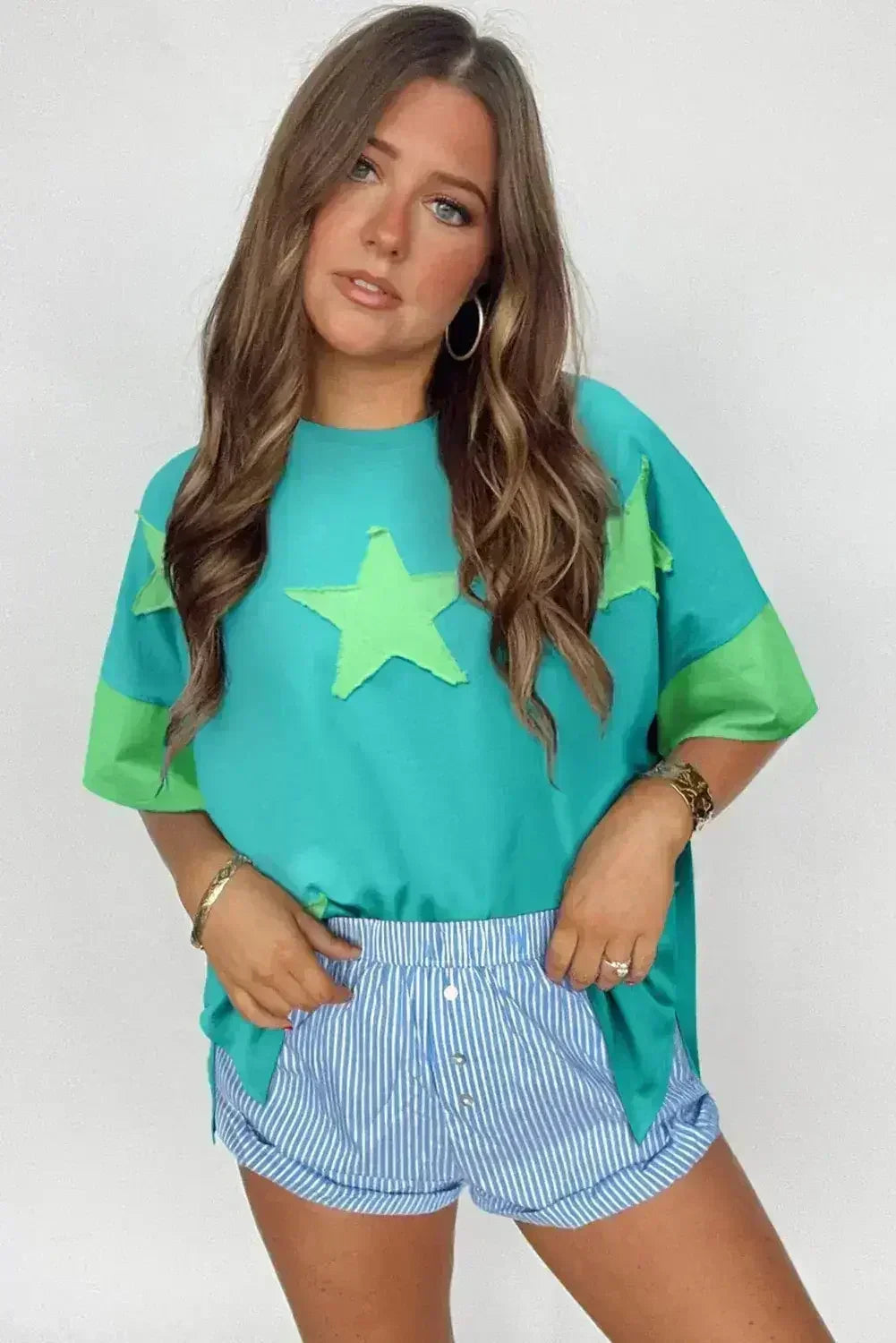 Aruba Blue Frayed Star Patched 4th of July Oversize T Shirt - Femstylo