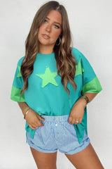 Aruba Blue Frayed Star Patched 4th of July Oversize T Shirt - Femstylo