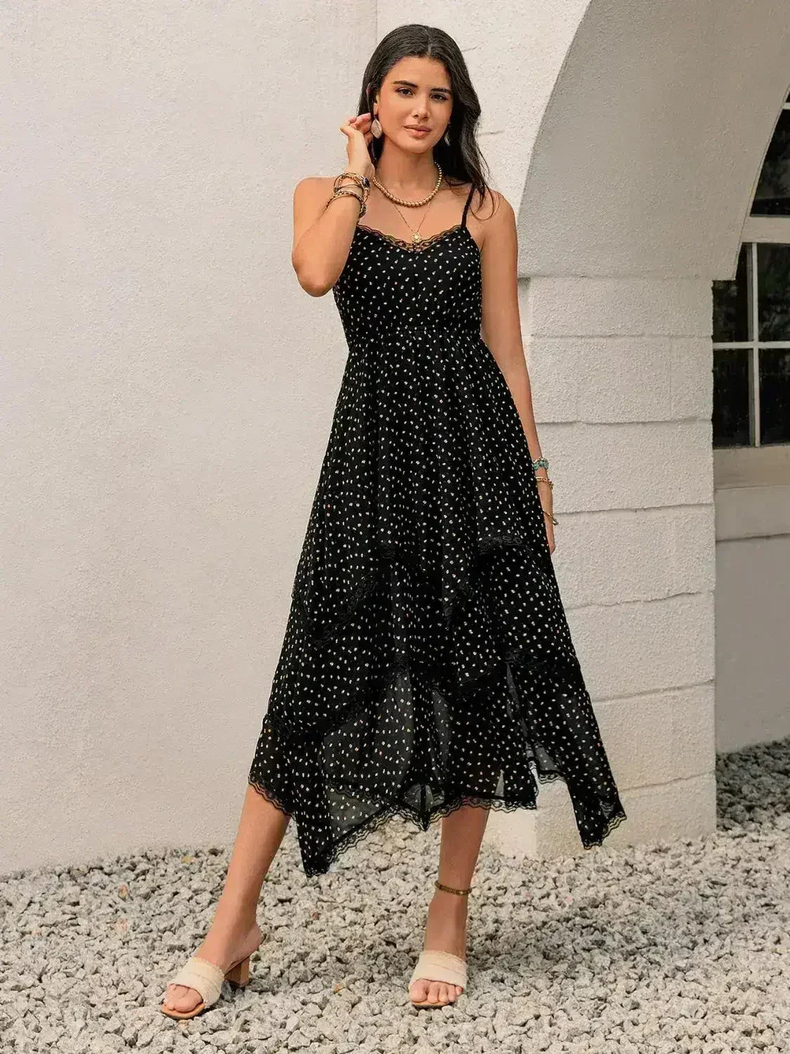 Lace Detail Layered Printed Midi Cami Dress - Femstylo