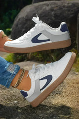 Navy Blue PU Leather Lace Up Sneakers - Femstylo