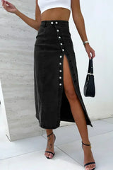 Black Button Fly Side Split High Waist Denim Midi Skirt - Femstylo