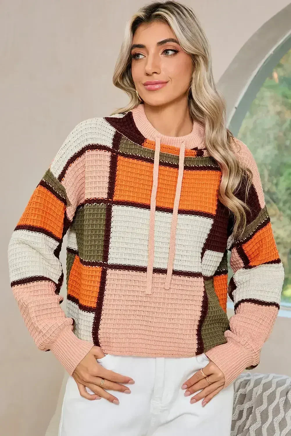 Orange Color Block Waffle Knit Drawstring Mock Neck Sweater - Femstylo