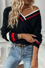 Black Contrast Striped Trim V Neck Drop Shoulder Sweater