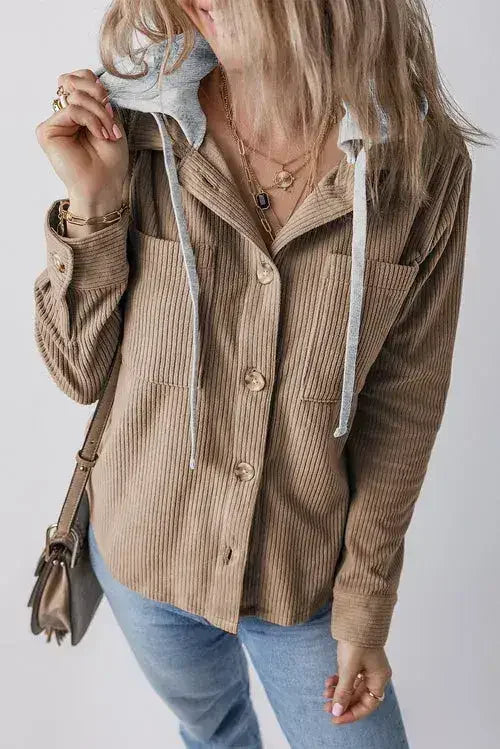 Black Hooded Drawstring Pockets Corduroy Shacket - Femstylo