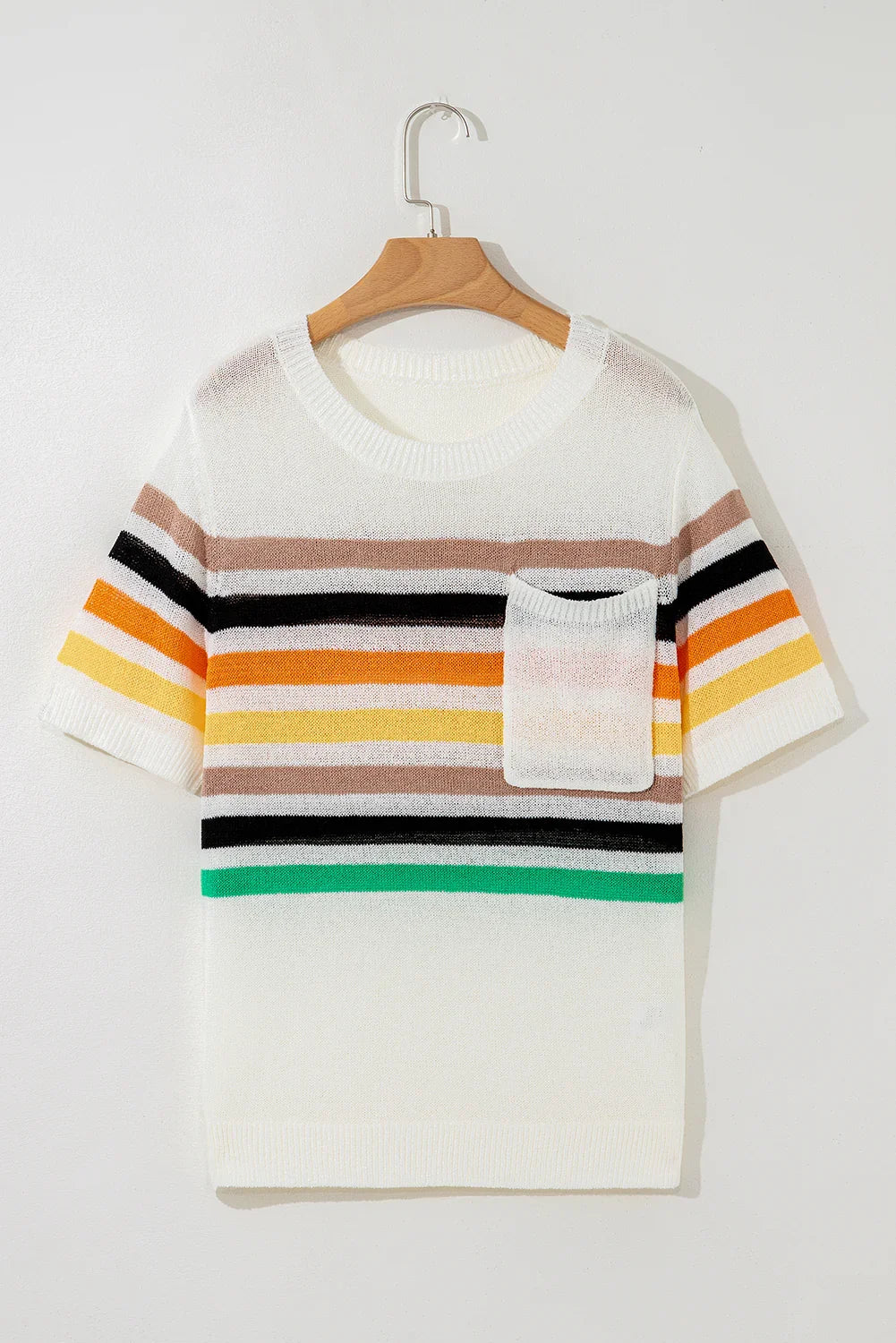 White Colorful Striped Pocket Loose Fit Knitted T Shirt