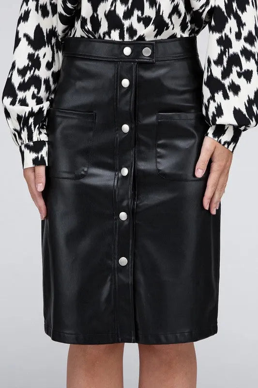 Button Front PU Skirt – High Waist Midi with Pockets