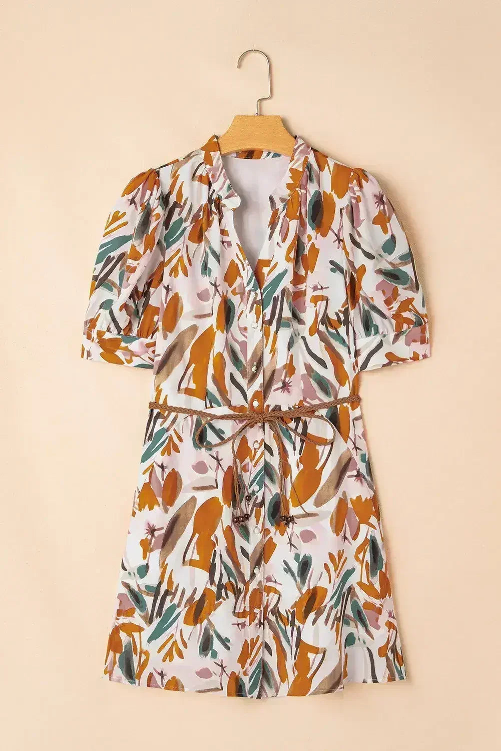 Brown Abstract Puff Sleeve Button Up Braided Belt Mini Dress - Femstylo