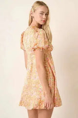 Mittoshop Printed V-Neck Puff Sleeve Mini Dress - Femstylo
