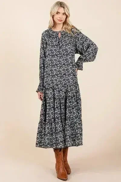 Mittoshop Printed Tie Neck Flounce Sleeve Midi Dress - Femstylo