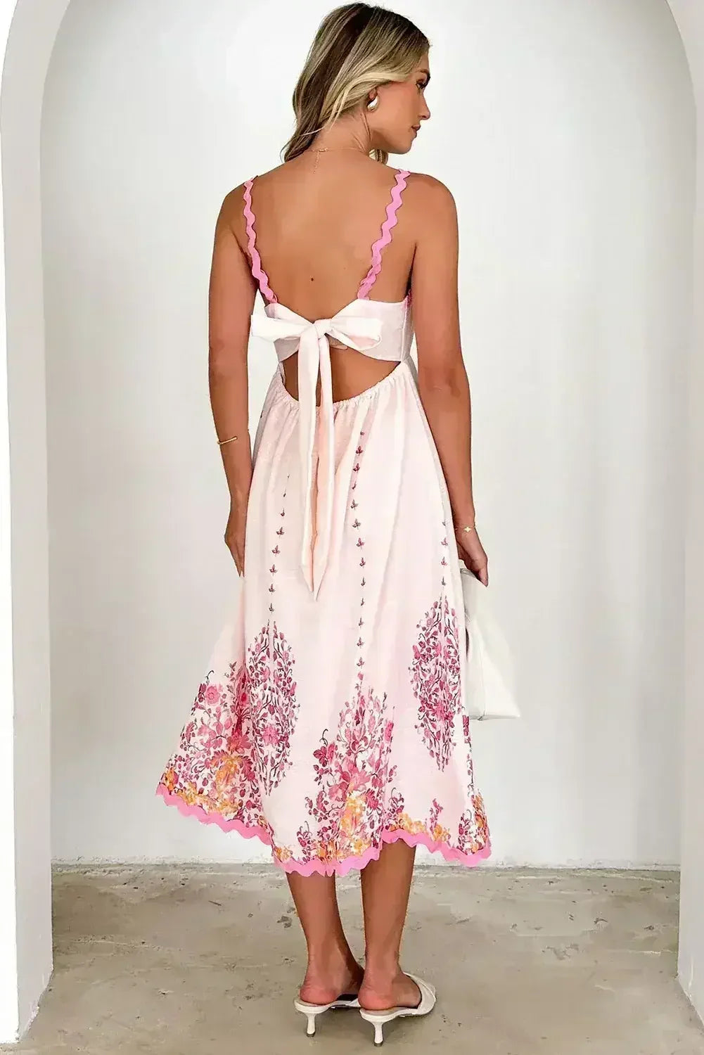 Pink Floral Ric Rac Spaghetti Strap Backless Dress - Femstylo